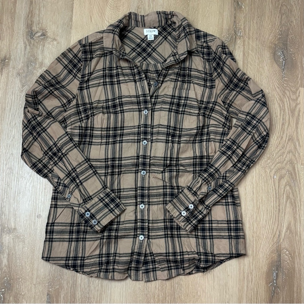J. Crew Women’s Taupe Tan Black Button Up Flannel Button Down Shirt XS